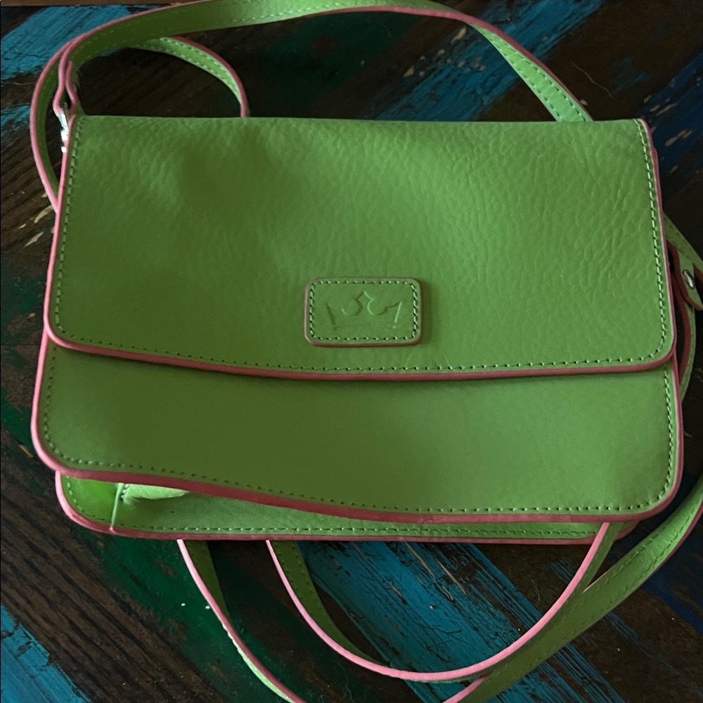 Baekgaard Vibrant Green Crossbody Bag with Pink Accents NWOT